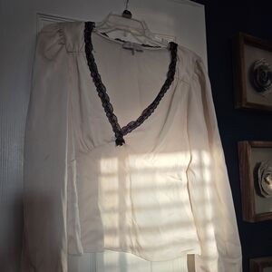 Elegant Cream Blouse with Black Lace Trim